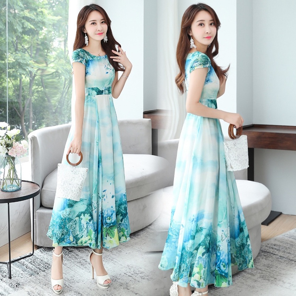 Blue, Green and White Chiffon Printed Dress size Medium